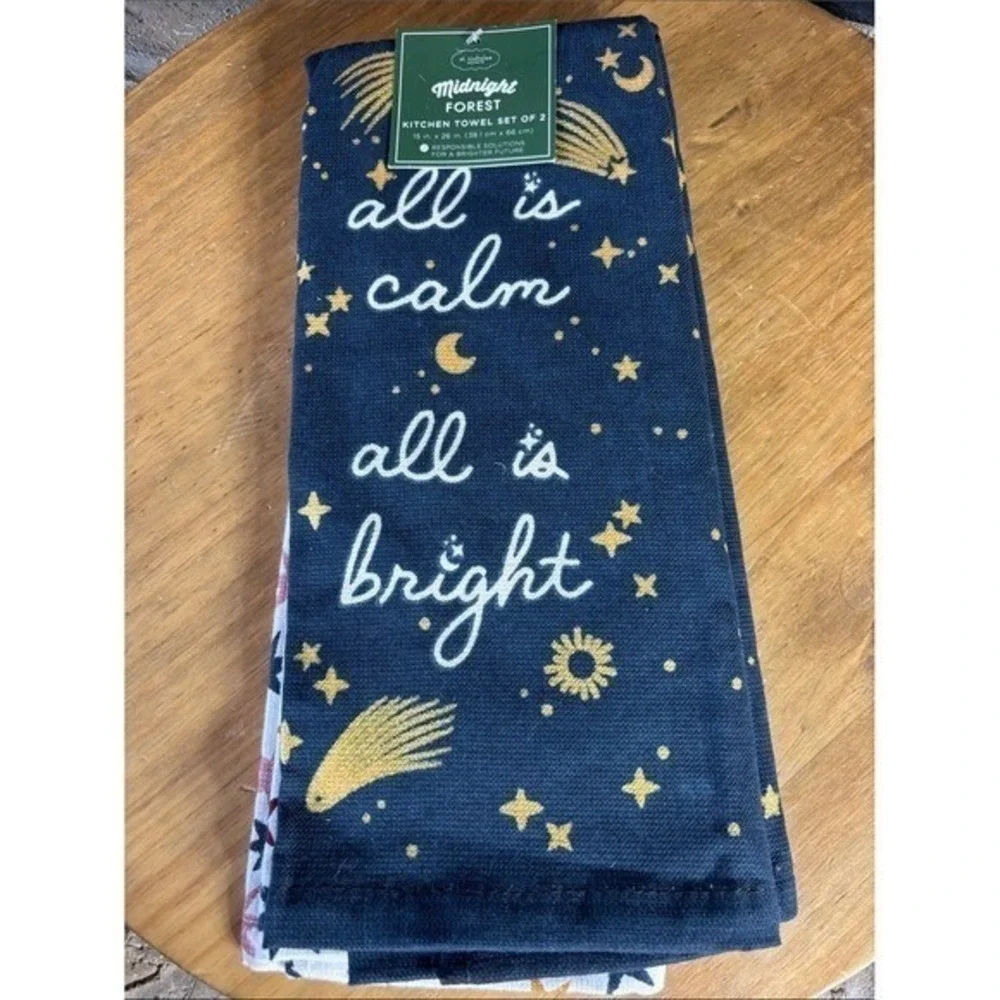 Midnight Forest Celestial Kitchen Towel Set Navy Gold & White Star Moon GIFT NEW